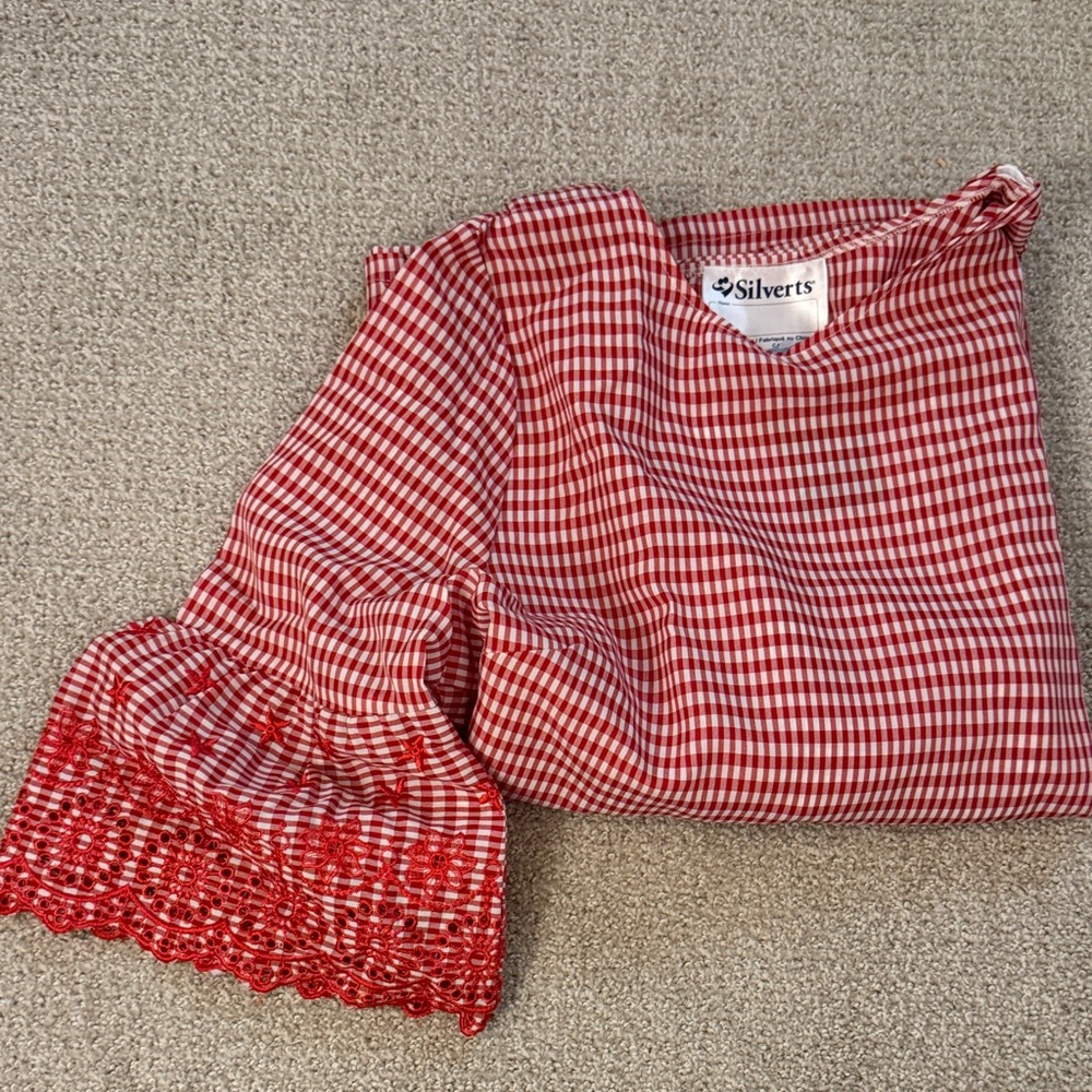 Silverts Red Gingham Adaptive Blouse, embroidered floral/star cuffs, SZ: Medium